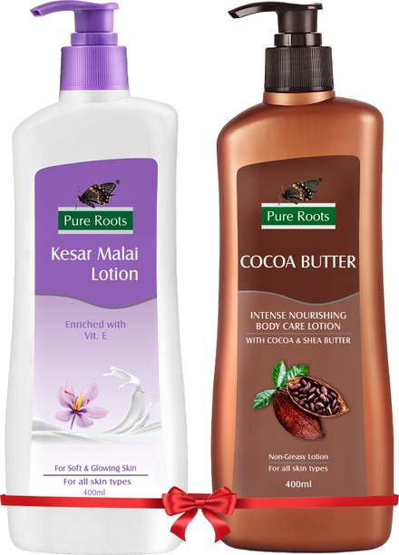 Pure Roots Kesar Malai & Cocoa Butter Body Lotion Combo 400ml Each Pack of 2 - Total