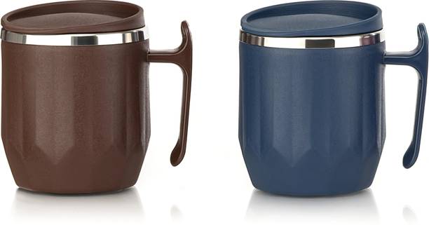 MAGICSPOON Stainless Steel Coffee with Lid (300 ml) (Pack of 2) (Navy Blue, Brown) Stainless Steel Coffee Mug