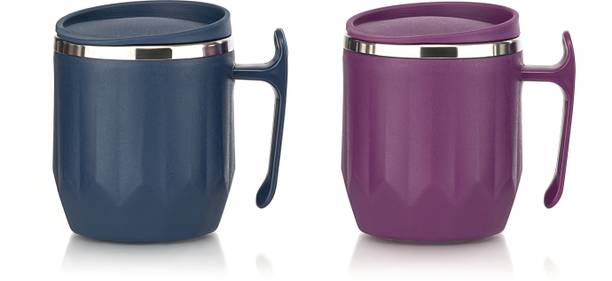 मैजिक स्पून Stainless Steel Coffee with Lid (300 ml) (Pack of 2) (Navy Blue, Maroon) स्टेनलेस स्टील मग