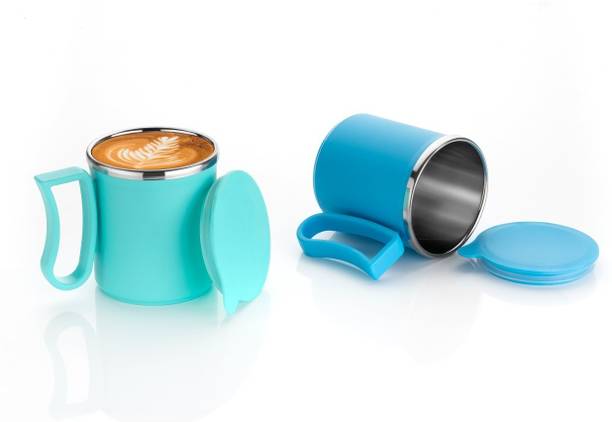 MAGICSPOON New Stainless Steel Coffee with Lid (300 ml,Pack of 2) (Sky Blue,Aqua Green) Stainless Steel Coffee Mug