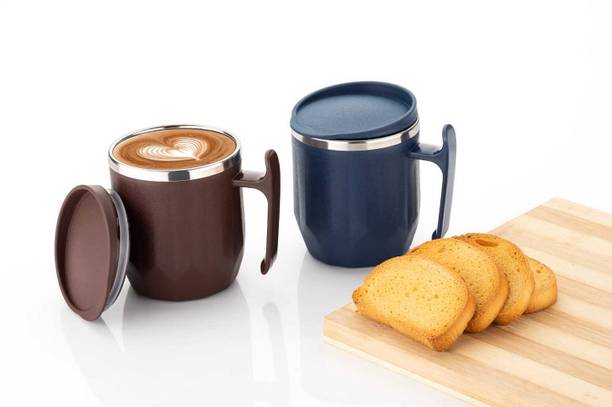 MAGICSPOON New Stainless Steel Coffee with Lid (300 ml) (Pack of 2) (Brown,Navy Blue) Stainless Steel Coffee Mug