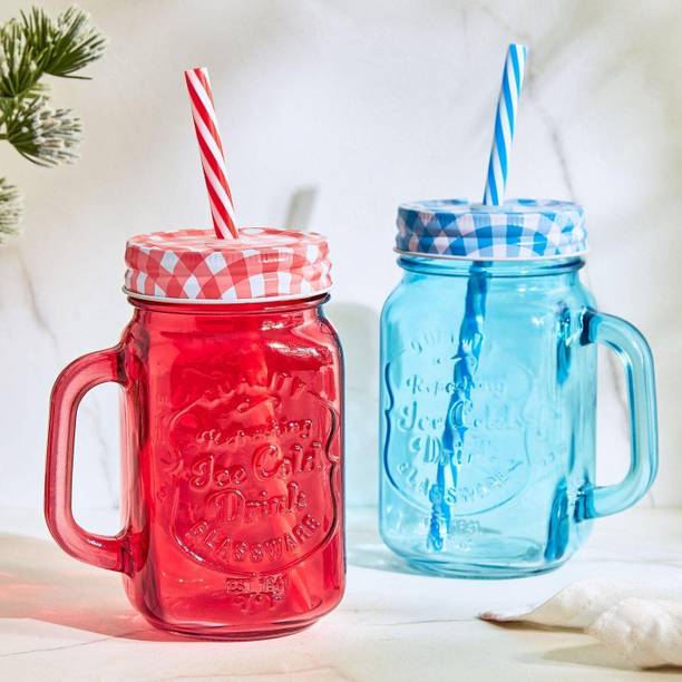 V Bright Glass Mason Jar with Straw and Handle Set of 2 for Juice Glass Mason Jar