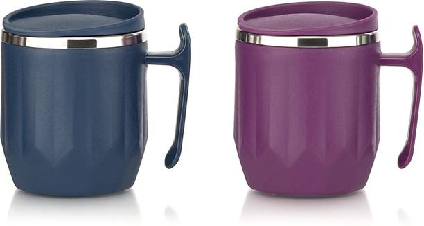 MAGICSPOON Stainless Steel Coffee with Lid (300 ml) (Pack of 2) (Navy Blue, Maroon) Stainless Steel Coffee Mug