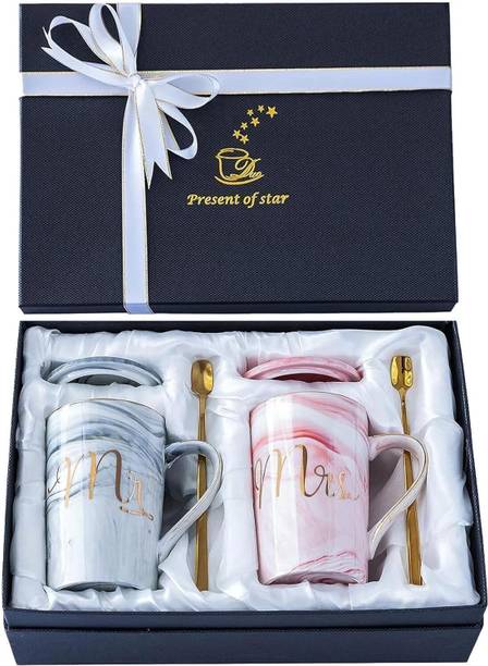 SKYTONE Mr. & Mrs. Couple with Lid Spoon Wedding Anniversary Gifts Couple Cup Set Ceramic Coffee Mug