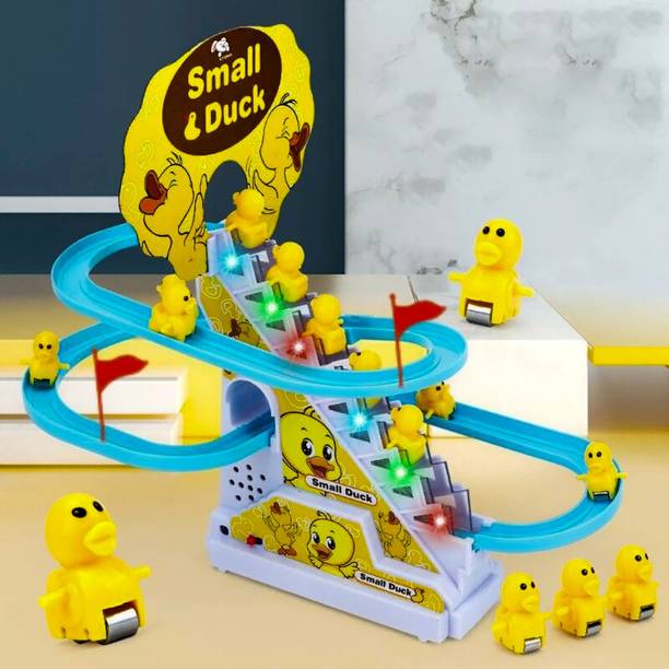 Stravos Duck Slide Toy Set, Automatic Stair-Climbing Race Track Set, Lights & Musical