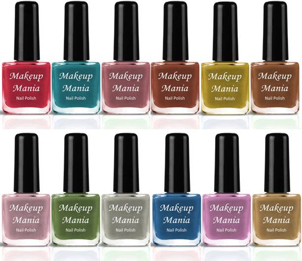 Makeup Mania Non Toxic Ultra 3D Shine Longest Lasting Nail Polish Set of 12 Pcs (#214) Green, Grey, Blue, Mauve, Red, Mauve, Yellow, Nude