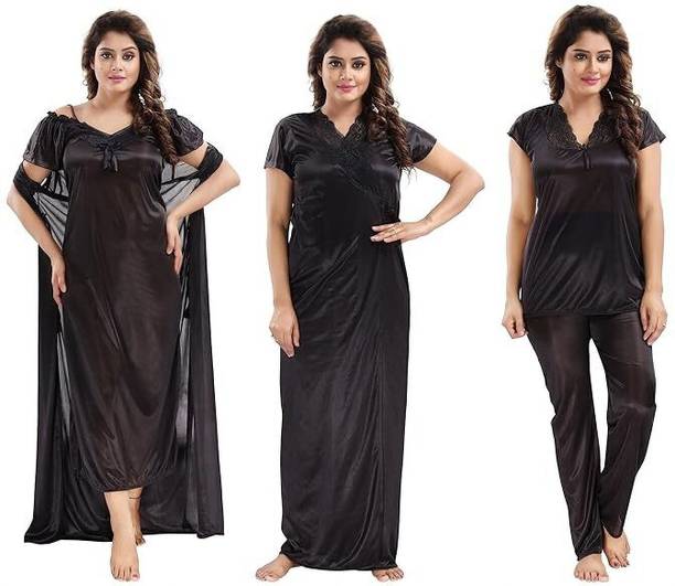 Attilia Women Solid Black Night Suit Set