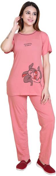 Women Pink Printed Top & Pyjama Set