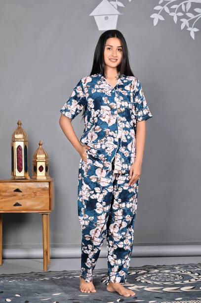 Women Blue Floral Print Night Suit Set