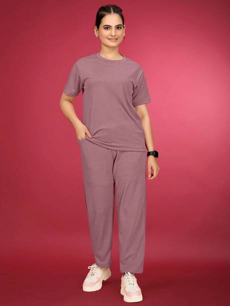 Sakarmaa Women Solid Pink Top & Pyjama Set