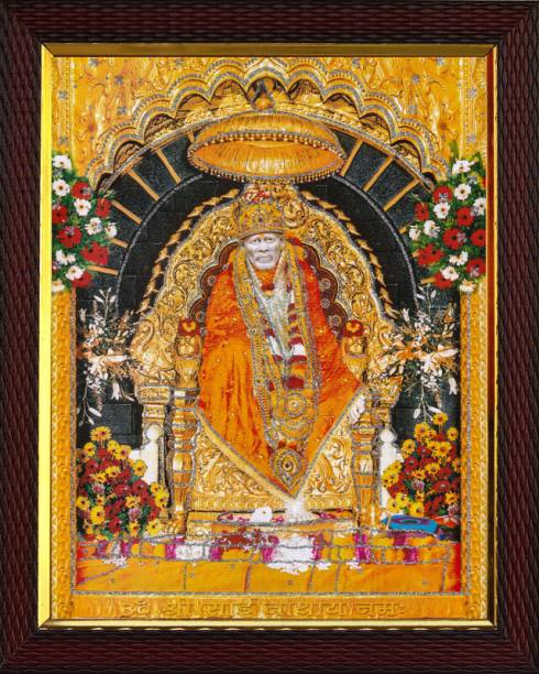 Cherriee Sai Baba Sparkle Coated Painting with wooden frame 10 inch x14 inch Digital Reprint 14 inch x 10 inch Painting