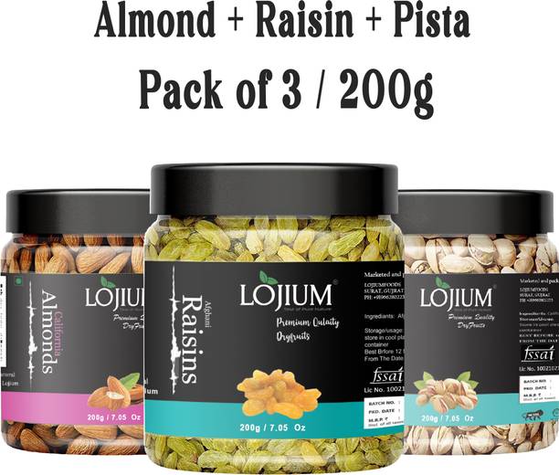 LOJIUM PURE DRY FRUITS COMBO BEST ALMOND(200g),ROASTED PISTA(200g)&DRY KISHMISH(200g) Almonds, Pistachios, Raisins