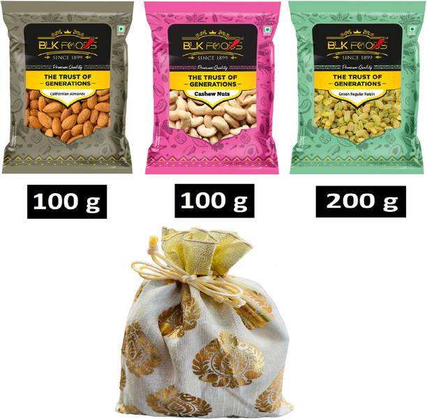 BLK FOODS 400g Select Dry fruits combo Gift pack | Almond100g ,Cashew100g & Raisins200g| Almonds, Cashews, Raisins
