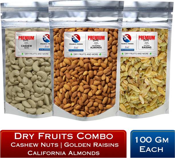 pranic foods Dry Fruits Combo - Kaju, Badam & Kishmish - 3 x 100gm (300gm) Almonds, Cashews, Raisins