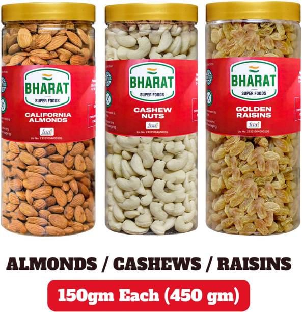 Bharat Super Foods Dry Fruits Combo Pack of 3, Almonds, Cashews, Golden Raisin 150gm Each - 450gm Cashews, Raisins, Almonds