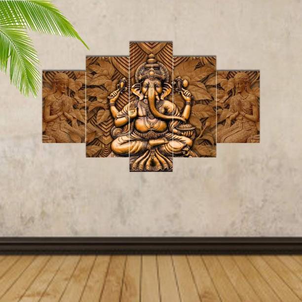 WALLMAX Set of 5 Ganesh Ji UV Textured Wall Painting Digital Reprint 18 inch x 30 inch Painting