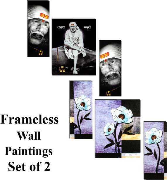 Indianara Combo Paintings- Set of 3 Sai Baba &amp; Floral Self Adhesive Paintings Digital Reprint 18 inch x 12 inch Painting
