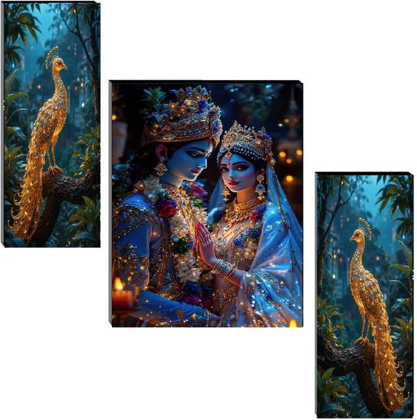 SNDArt Set Of 3 Radha Krishna Wall Paintings For Living Room Digital Reprint 11.9 inch x 18 inch Painting