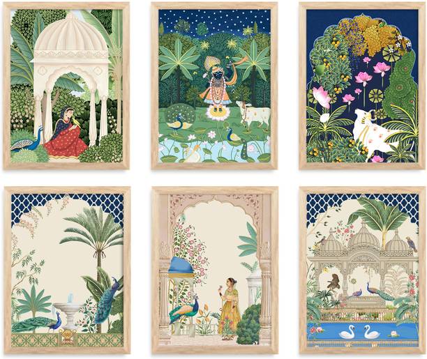 Artifly Set of 6 Framed Pichwai art Paintings for Living Room and wall decor Digital Reprint 13 inch x 10 inch Painting