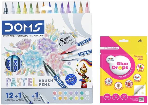 DOMS Pastel Brush Pen 14 Shade With Glue Drops Brush Nib Sketch Pens