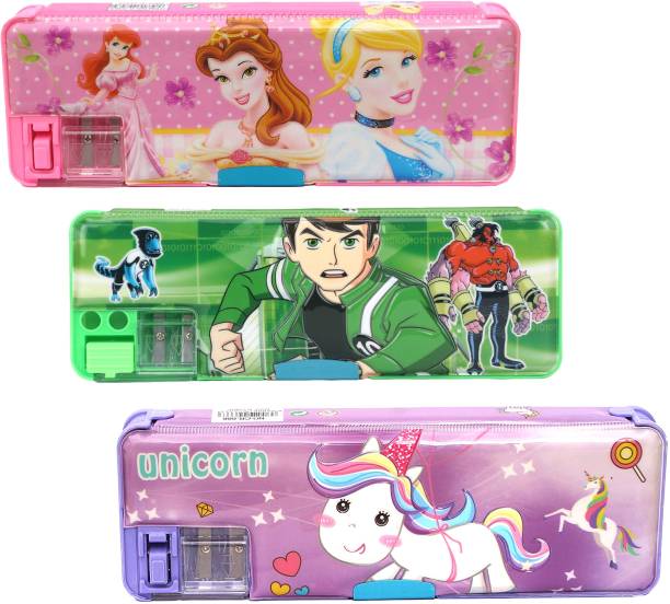 Sloies Multipurpose Double Sided pencil box with Sharpener for kids princess, SpiderMan, Doraemon Art Plastic Pencil Boxes