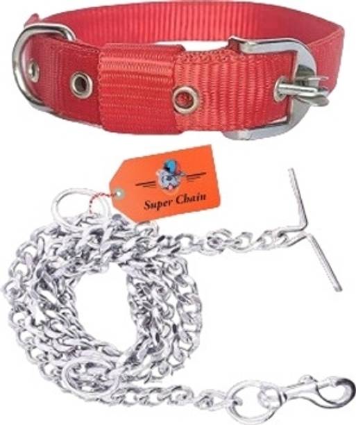 SUPER CHAIN Dog Belt Combo Nylon Collar with Heavy Chain Leash Dog Collar & Chain