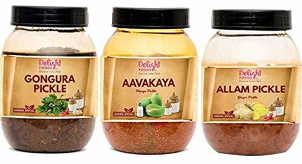 डिलाइट फूड्स Andhra Pickles - Gongura250g Allam250g Avakai250g Achaar, Uppinkai गोंगुरा, आम, अदरक अचार