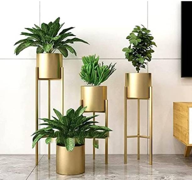 Tarnish Metal Planter Stand Golden | For Indoor & Outdoor Pots - [Pack Of 3] Plant Container Set