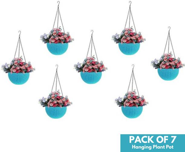 Flicksy Plastic Hanging Pot with Chain Plastic Flower Plant Container Set (Pack of 7) Plant Container Set