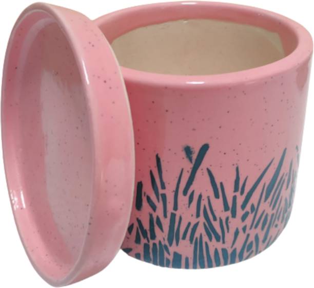 SBC SMALL TABLE TOP GRASS PRINTED WITH PLATE CERAMIC POT(PINK) Plant Container Set