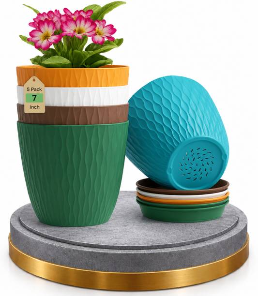 NIVZO Exquisite 7 Inch Plastic Flower Pot with Drainage Tray | Durable Plant Pot Set Plant Container Set