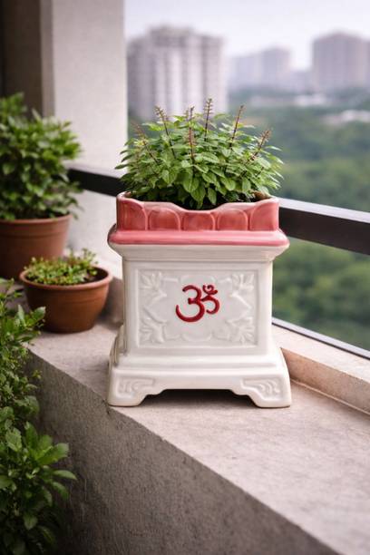 VIRMIC Tulsi Pot – Handmade 7 INCH Vastu Planter with Drainage for Home & Balcony Plant Container Set