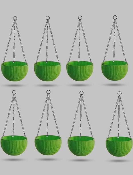 PEBBLELEAF Plastic Grow Planter Woven Hanging FlowerPot with Chain Hang Plastic Pot Green Plant Container Set