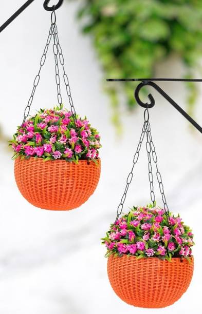 blooming furnancy Plastic Rattan Hanging Basket/Hanging Pots with Metal Hanging Chain Plant Container Set