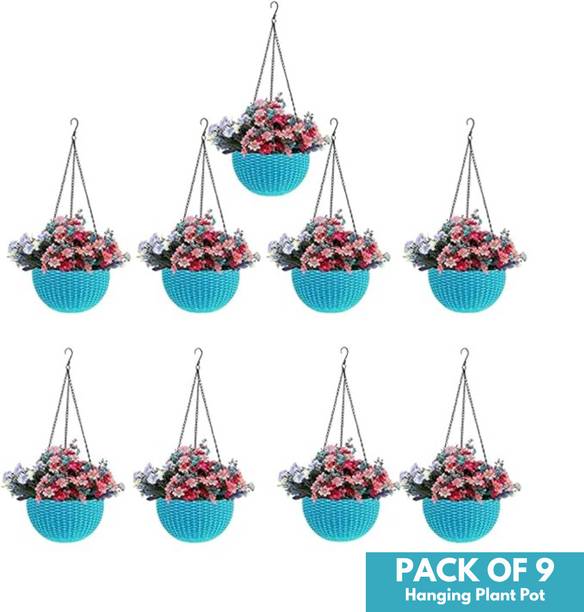 Flicksy Plastic Hanging Pot with Chain Plastic Flower Plant Container Set (Pack of 9) Plant Container Set