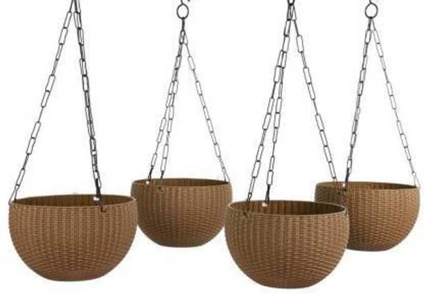Cookcrew Woven Design Hanging Euro Basket Planters Indoor Outdoor Hanging Flower Plant Pot with Hanging Chain (Pack Of 4, Coffee (Brown) Plant Container Set (Pack of 4, Plastic) Plant Container Set