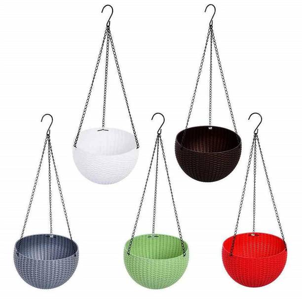 AGAMI 7" Woven Design Hanging Euro Basket For Indoor and Outdoor with Chain Plant Container Set
