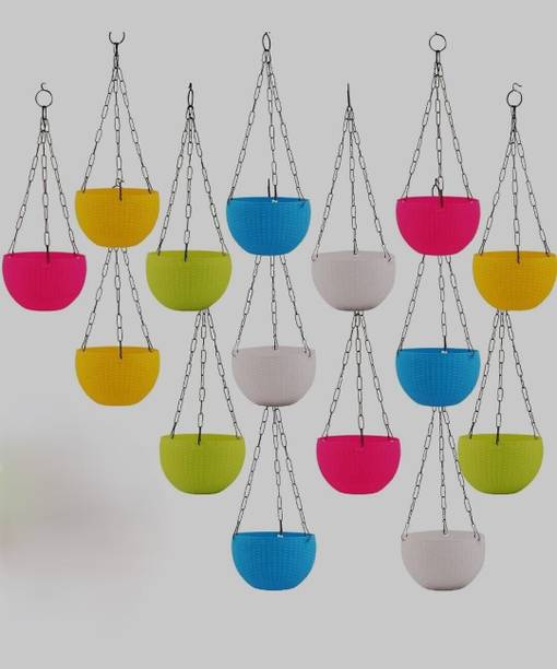 Dervino Plastic Grow Planter Woven Hanging Flower Pot with Chain Hang Plastic Pot Multi Plant Container Set
