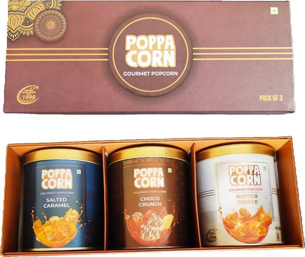poppacorn Gourmet Popcorn Gift Pack Popcorn Brown Pack, Choco Crunch, Butter Toffee, Salted Caramel Popcorn