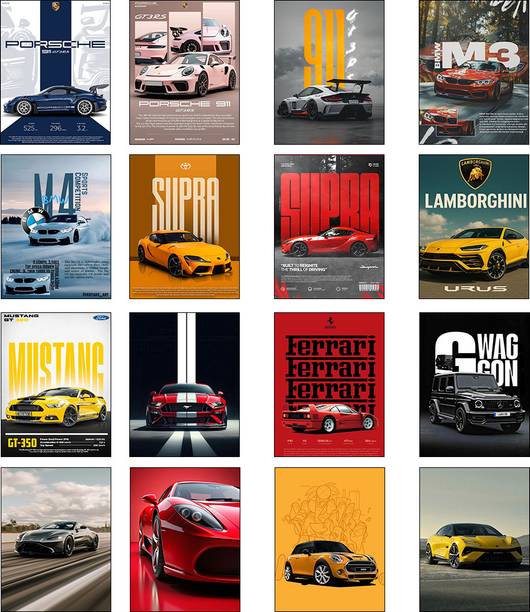 Luxury Sports Car Poster Set of 16 | Supercar Wall Art Collection | A4 Size | 300 GSM Premium Paper | Matte Finish | Bedroom, Office & Garage Decor | Unframed Paper Print