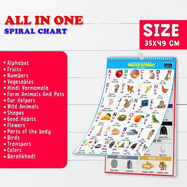 Amazing 16 in 1 ENGLISH-HINDI Educational Chart For Kids (16 Charts front back ) 36 x 50 cm - Children Spiral Wall Picture Chart Paper Print