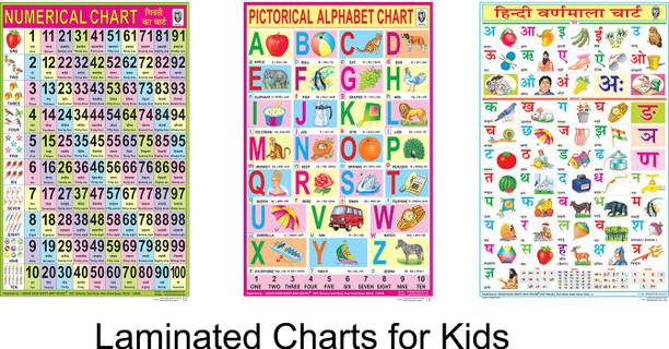 3 Charts for Kid's Learning| English & Hindi Alphabet With Number Chart (No Pvc Rollers)| Study/Classroom Chart | Educational Both Side Laminated Chart for Beginners Paper Print