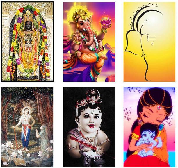 Hindu Religious Posters Combo Pack of 6 - Paper Printed (12 inch X 18 inch each, Rolled) for Home, Room & Office Paper Print