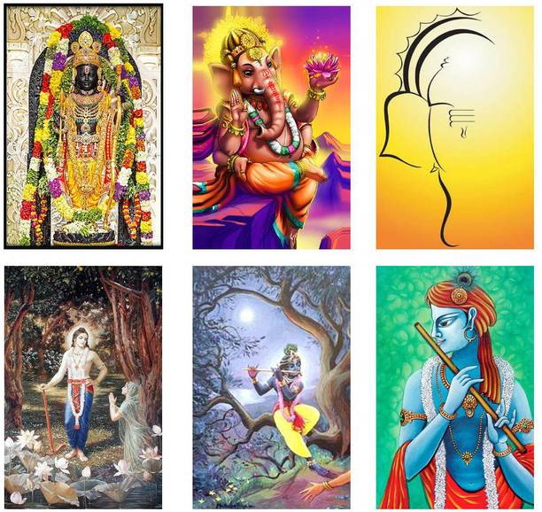 Hindu Religious Posters Combo Pack of 6 - Paper Printed (12 inch X 18 inch each, Rolled) for Home, Room & Office Paper Print