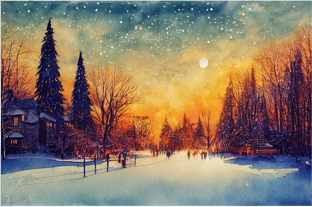Christmas Landscape Watercolor Snowflakes Poster 12x18 Inch Wall Art Paper Print (18 inch X 12 inch, Rolled Tube) Paper Print