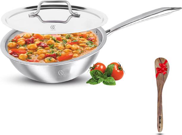 Omichef Primax 20CM(1.5Ltr) Triply Stainless Steel Wok with Lid, Induction Compatible Wok with Lid 1.5 L capacity 20 cm diameter