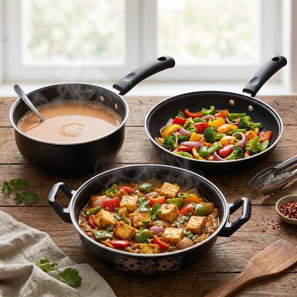 YR Enterprises Induction Base Non-Stick Lightweight Cookware Combo Set - Sauce Pan, Dosa Tawa & Kadhai 17 cm diameter 3 L capacity