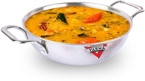 VARNA STAINLESS STEEL Triply Deep Kadai with Riveted Handles|(Size 18)|1.1 Litre Kadhai 35 cm diameter 1.1 L capacity