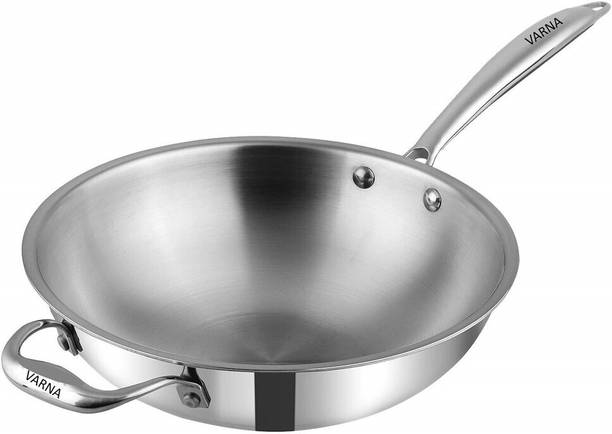 VARNA STAINLESS STEEL VARNA STAINLESS STEEL Triply Wok with handle| (Size 24)| 2.5 Litre Wok 2.5 L capacity 38.6 cm diameter