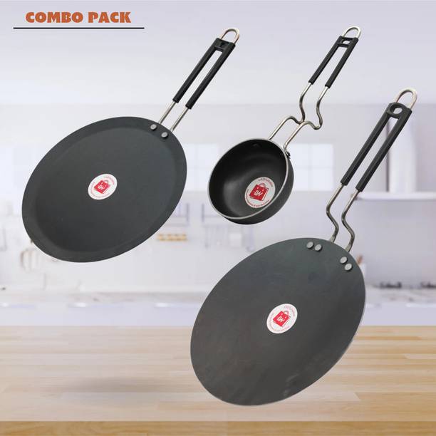 LAZYwindow Traditional Iron Tawa And Tadka Pan with Grip type Handle Induction Bottom Cookware Set